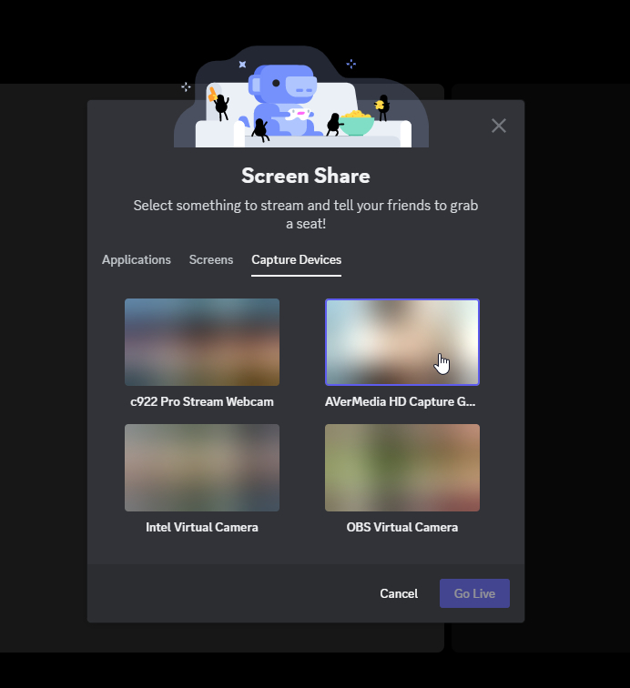 A screenshot of Discord's Screen Share menu, now displaying a "Capture Devices" tab featuring capture devices such as capture cards and cameras