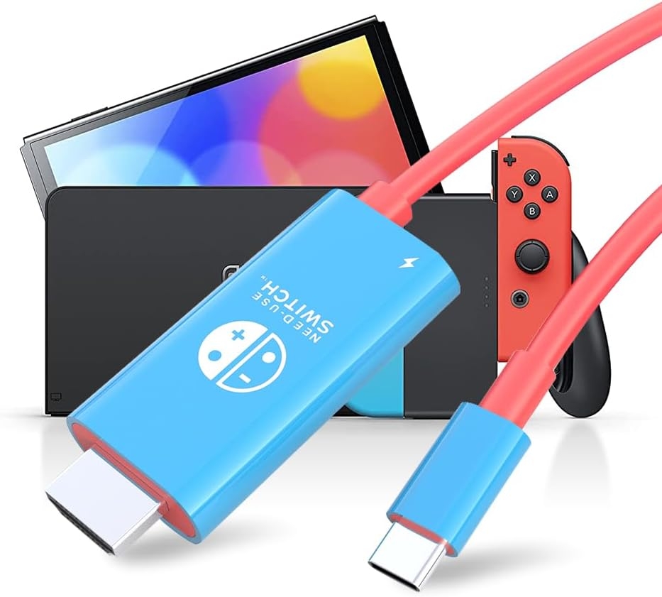 A close up image of a USB C to HDMI cable in front of a Nintendo switch.

The cable is Mario red and the plastic around the connectors is a very light blue.
There is a small lightning symbol next to the cable on the HDMI end to signify that there is a power input port there.