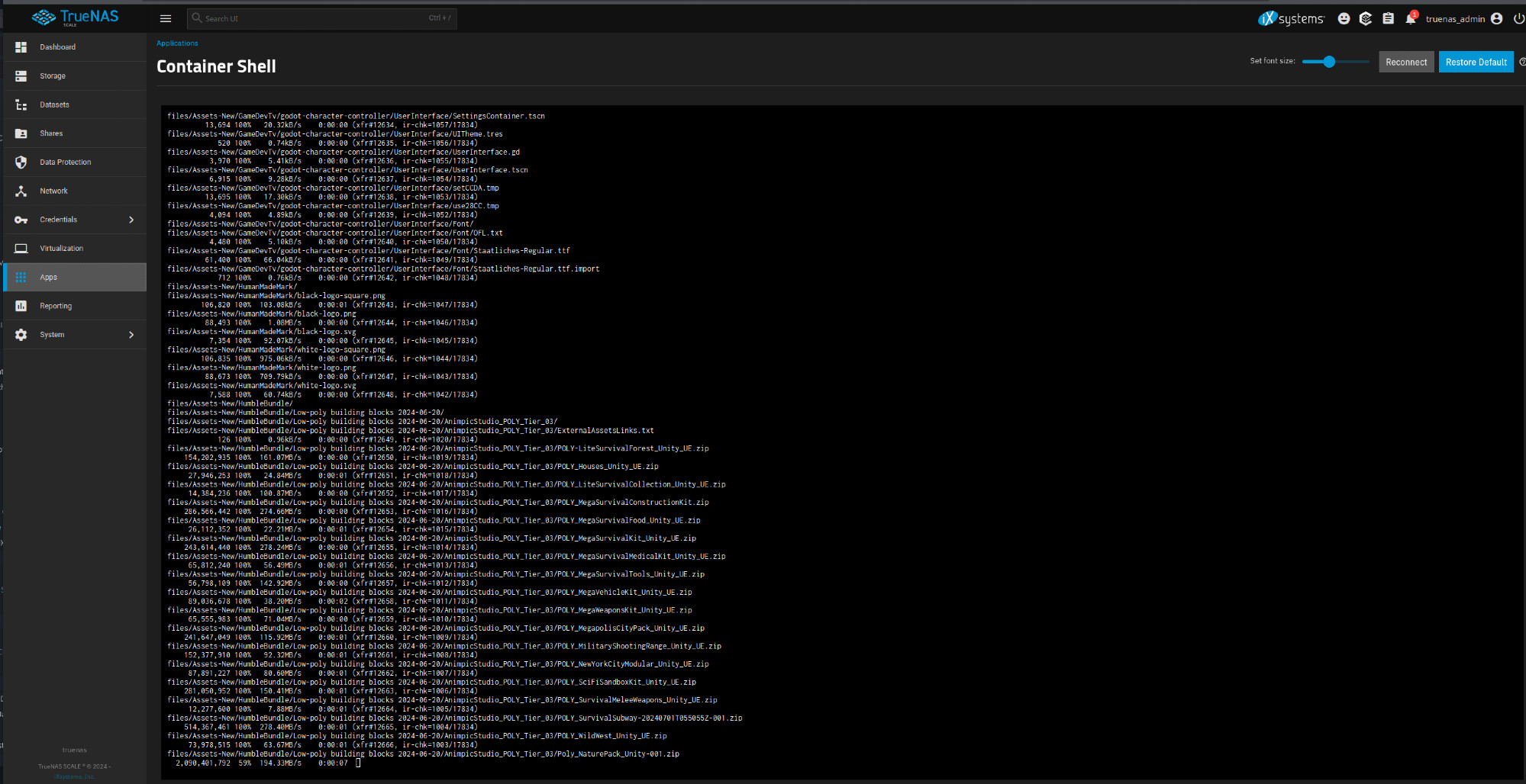 A screenshot of the TrueNAS web UI.

it is specifically showing the shell prompt of a Nextcloud instance copying files using rsync