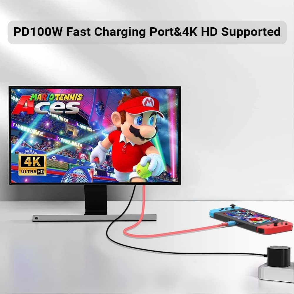 Text on image: "PD100W Fast Charging Port&4K HD Supported"

The image itself shows a computer display with Mario tennis with a misleading 4K Ultra HD logo on it, there is the red USB-C to HDMI cable going from the display to a Nintendo switch laying on the counter while a power cable coming from a wall socket is going to the back of the display to signify the charging capabilities of the switch "dock"